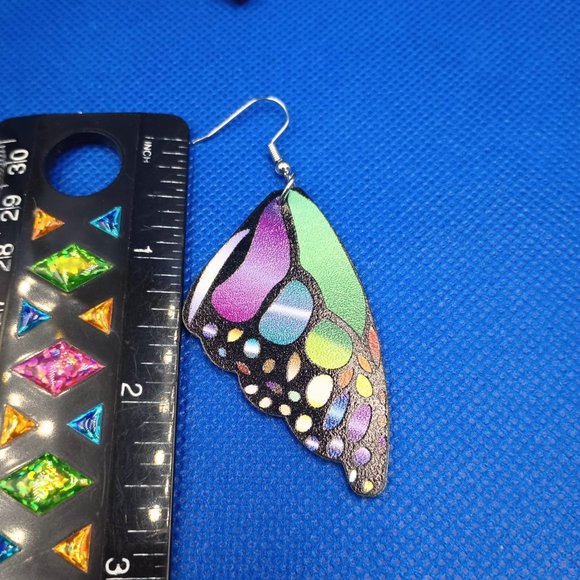 Vegan Leather Green/Purple Butterfly Wing Earrings. - Picture 2 of 4